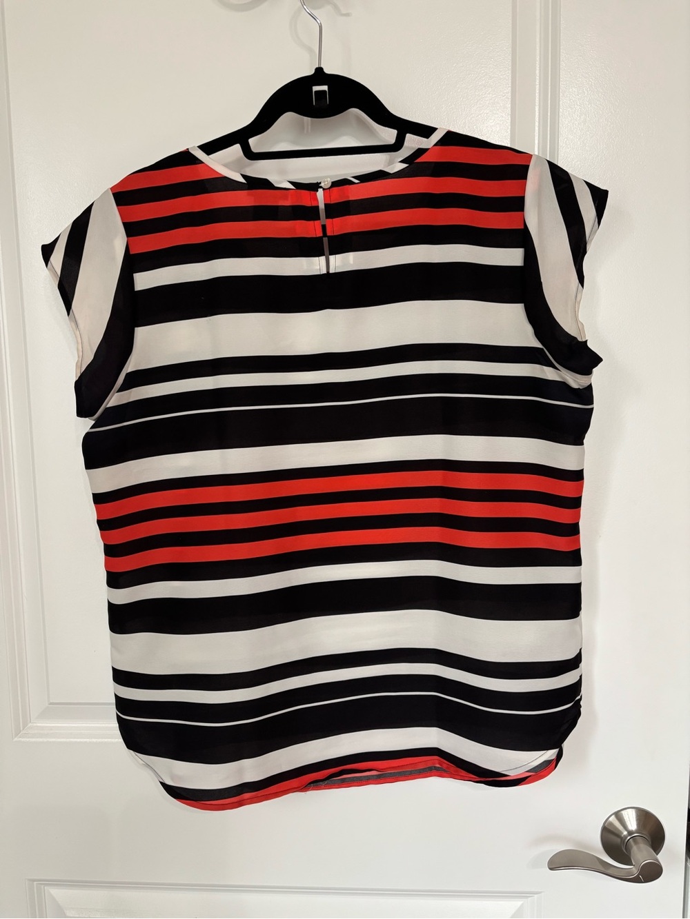 Ann Taylor Petite Black, White & Red Striped Scoop Neck Blouse, size LP - Picture 5 of 6